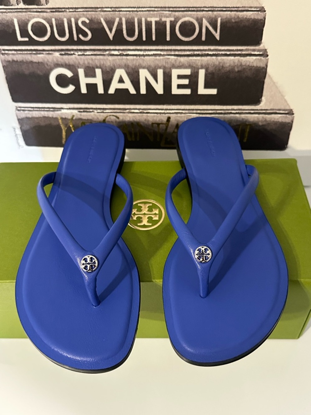 Tory Burch Cobalt Blue Logo Thong Sandals